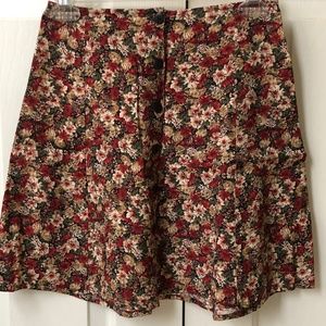 Express Deep Red & Tan Floral Skirt Button down front